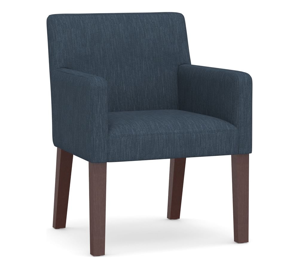 PB Comfort Square Upholstered Dining Armchair, Espresso Frame, Performance Heathered Tweed Indigo - Image 0