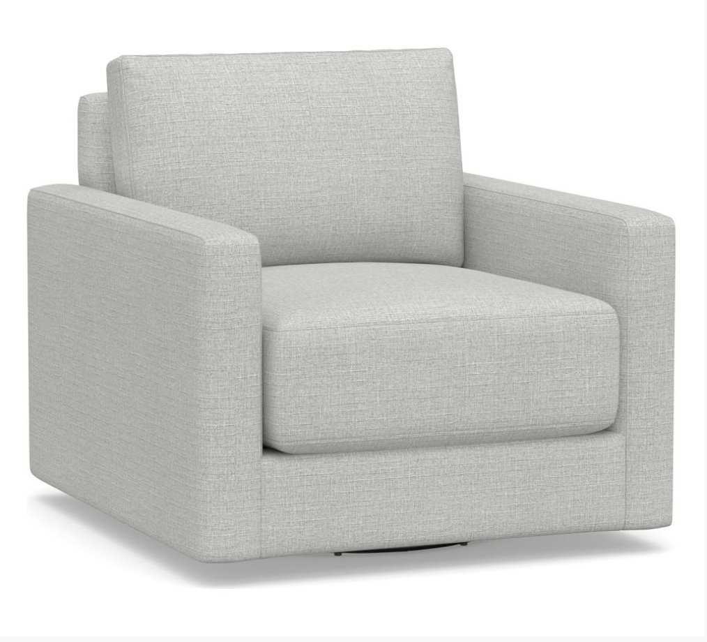 Cove Square Arm Upholstered Swivel Armchair, Down Blend Wrapped Cushions, Basketweave Slub Ash - Image 0