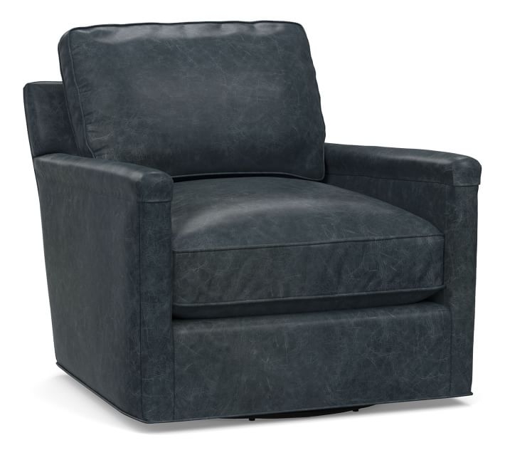 Tyler Square Arm Leather Swivel Armchair without Nailheads, Down Blend Wrapped Cushions, Statesville Indigo - Image 0