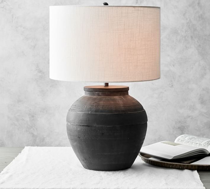 Faris Ceramic 21" Table Lamp, Matte Black Base with Large Textured Shade, Ivory - Image 1