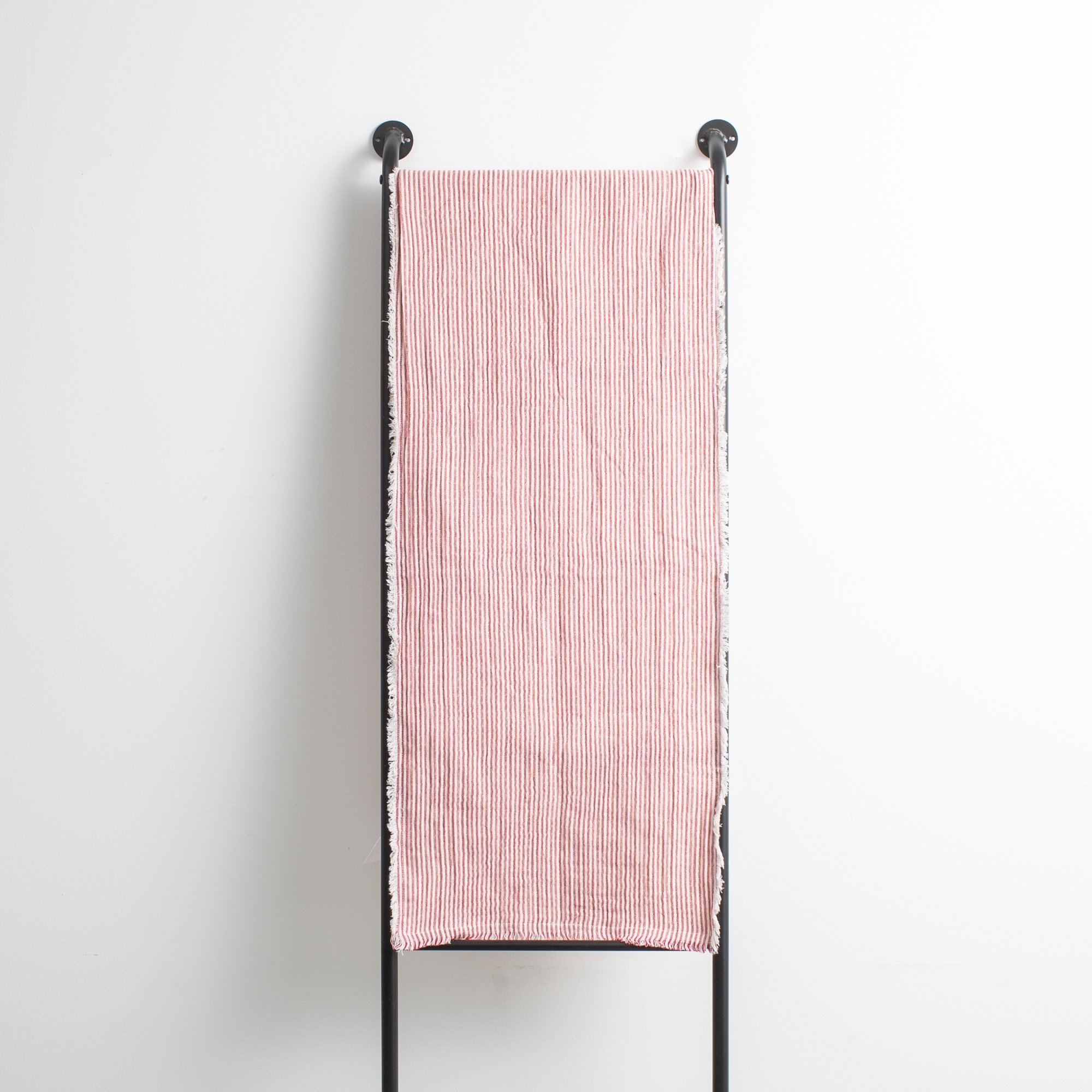 Brushed Cotton Table Runner with Stripes & Fringe, Red & White - Image 1
