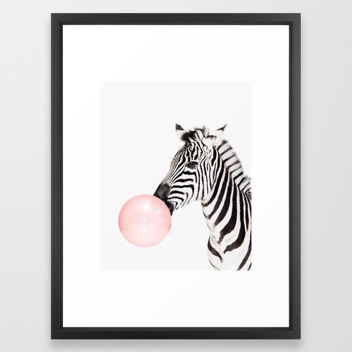 Zebra, Bubble gum, Pink, Animal, Nursery, Minimal, Trendy decor, Interior, Wall art Framed Art Print - Vector White - 20" x 26" - Image 0