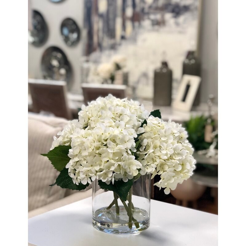 Hydrangea Floral Arrangement in Glass Vase - White - Image 1