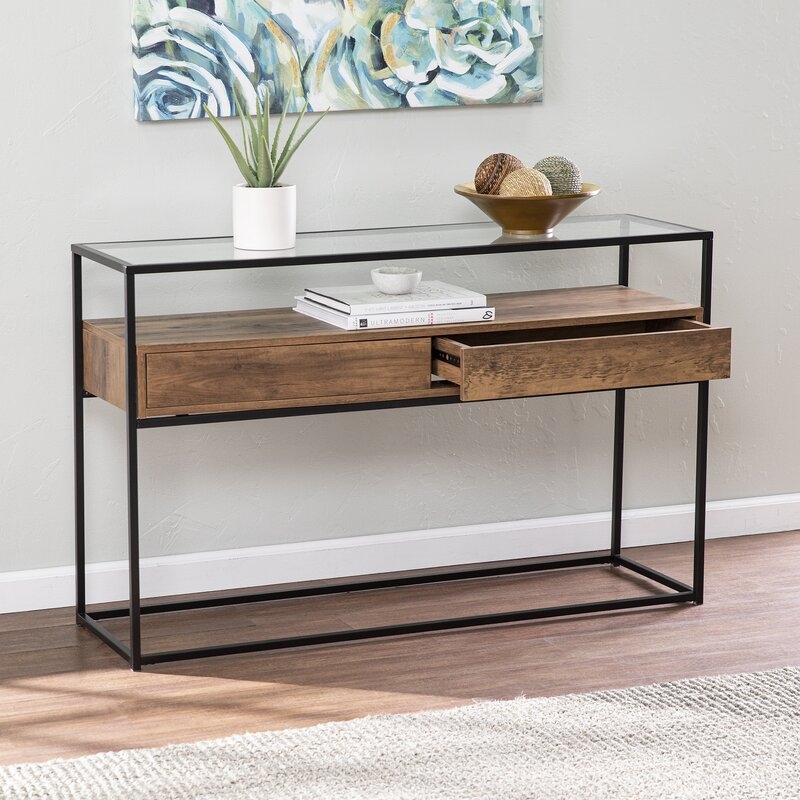 Olivern Glass-Top Console Table W/ Storage, Black And Natural - Image 2
