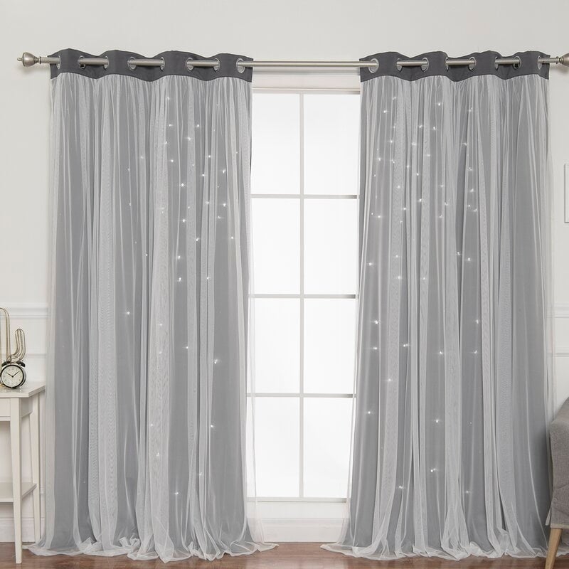 Efird Tulle Overlay Star Cut Out Solid Blackout Thermal Header Curtain Panel (Set of 2) - Image 0