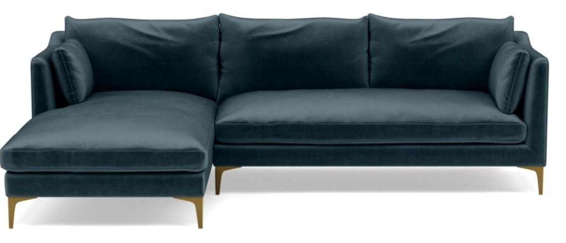 CAITLIN BY THE EVERYGIRL Sectional Sofa with Left Chaise - Sapphire - Brass Plated Sloan L Leg - Two Cushions - Image 0