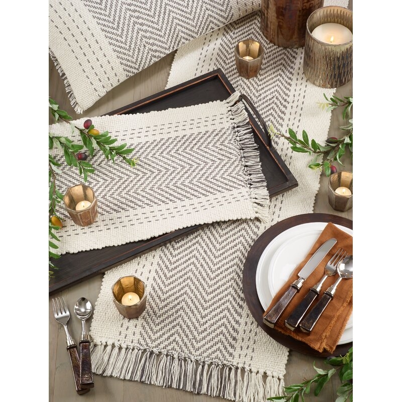 Gray/Ivory Eklund Kantha Stitch Cotton Table Runner - Image 1