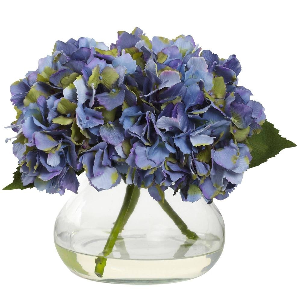Blooming Hydrangea with Clear Vase, Blue - Image 0