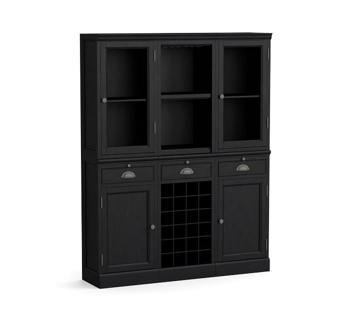 6-Piece Modular Bar Wall Unit (2 wood door cabinet &amp; 1 wine grid base, 2 glass door &amp; 1 open hutch), Black - Image 0