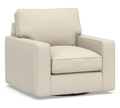 PB Comfort Square Arm Upholstered Swivel Armchair, Box Edge Memory Foam Cushions, Performance Brushed Basketweave Ivory - Image 0