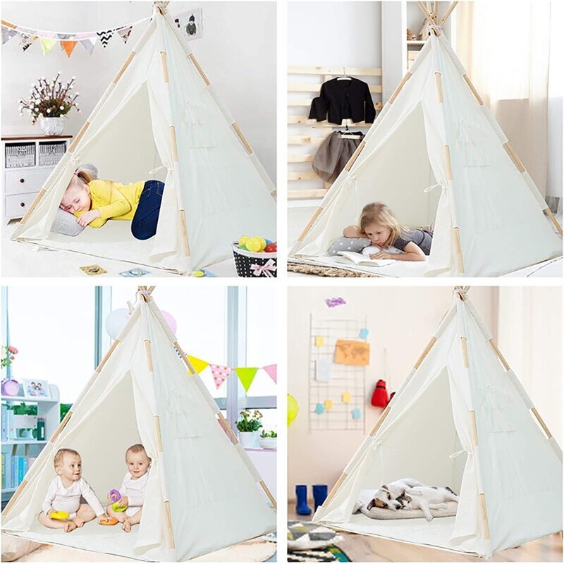Kids Teepee Tent - Portable Kids Play Tent,Pure Cotton Children Foldable Tent With Mat,Kids Playhouse , Great For Girls/Boys Indoor & Outdoor Playing (No Windows),White - Image 3