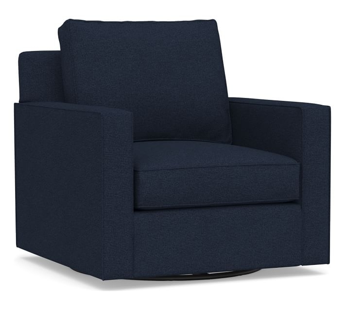 Cameron Square Arm Upholstered Swivel Armchair, Polyester Wrapped Cushions, Performance Heathered Basketweave Navy - Image 0