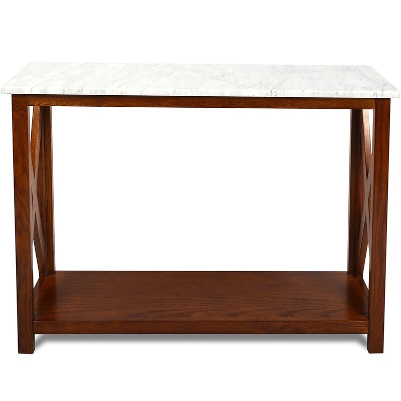 Meith 39" Rectangular Italian Carrara White Marble Console Table With Walnut Color Solid Wood Legs - Image 1
