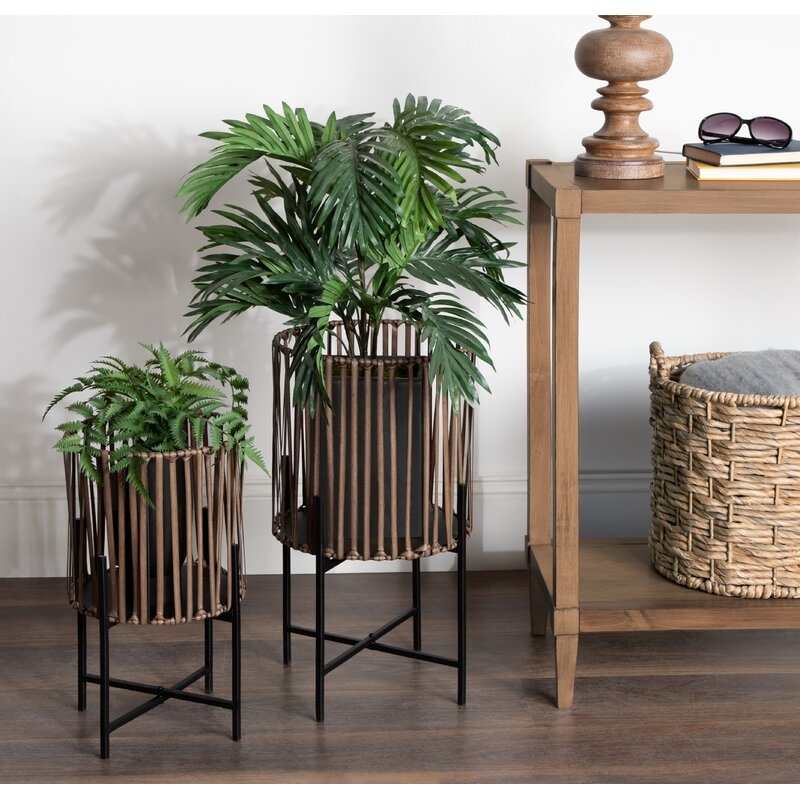 Mcintire Floor 2 Piece Pot Planter Set with PVC Wicker and Metal Stands - Image 0
