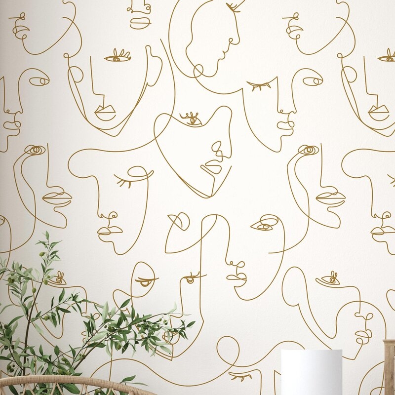 Charnley Minimalist Face Line Textured Pell and Stick Wallpaper Tile / Gold - Image 0
