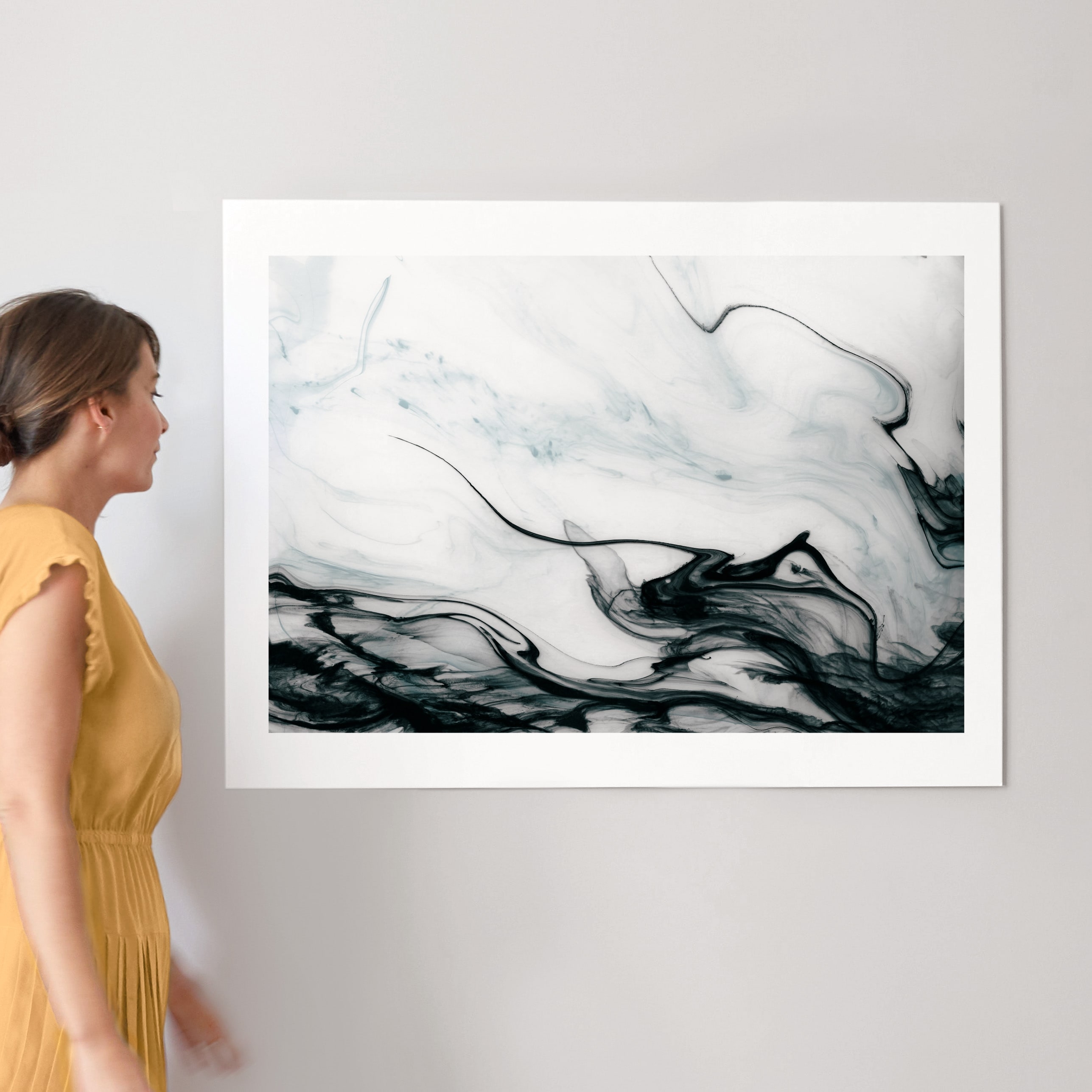 Ethereal Flow Art Print_ 40" x 30"_Natural Raw Wood Frame_White Border_Slate Blue Color_Standard Plexi&Materials - Image 3