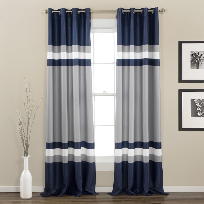 Reedsville Striped Room Darkening Thermal Grommet Curtain Panels (Set of 2), Navy - Image 0