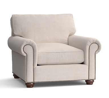 Webster Roll Arm Upholstered Armchair with Bronze Nailheads, Down Blend Wrapped Cushions, Performance Heathered Tweed Pebble - Image 0