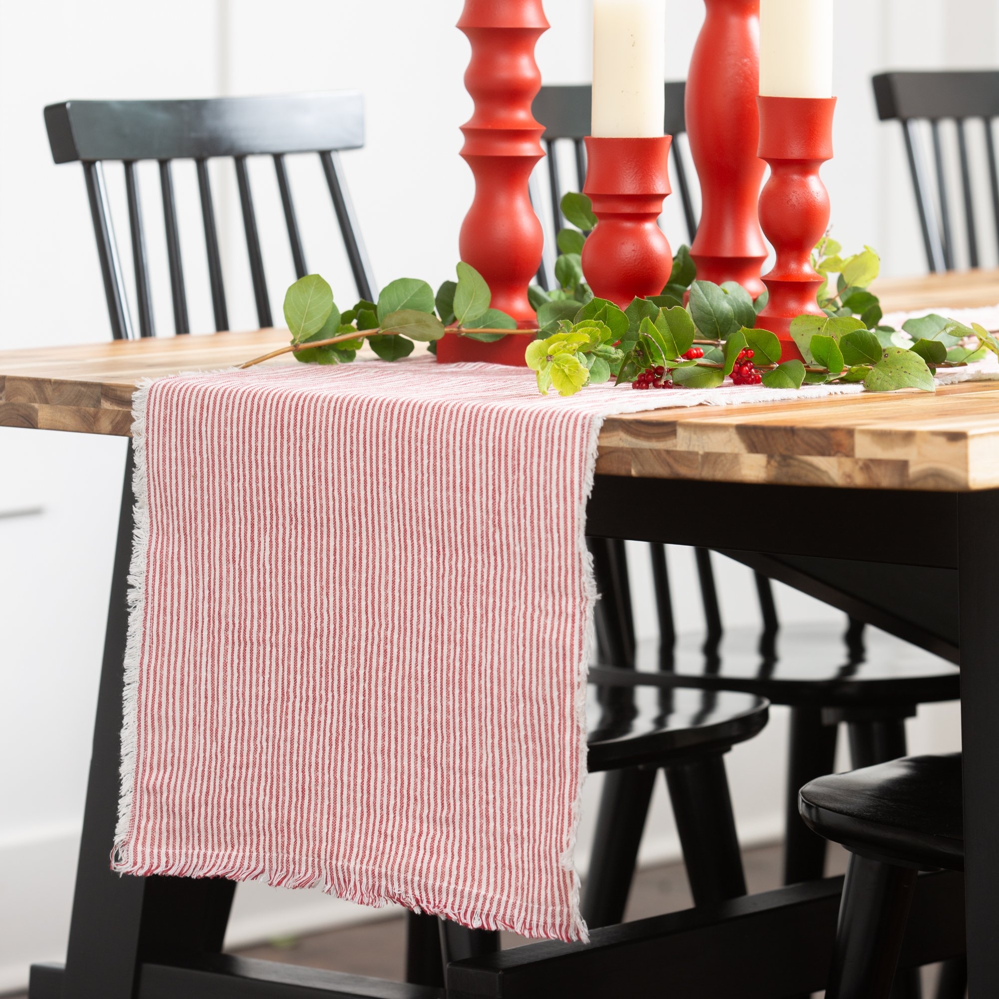 Brushed Cotton Table Runner with Stripes & Fringe, Red & White - Image 2