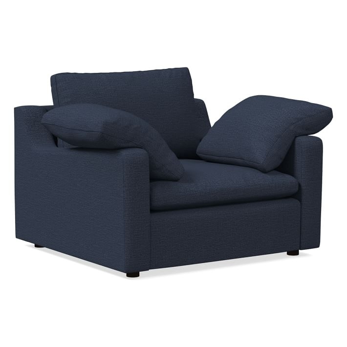 Harmony Swoop Arm Chair and a Half, Down, Chunky Basketweave, Aegean Blue,Walnut - Image 0