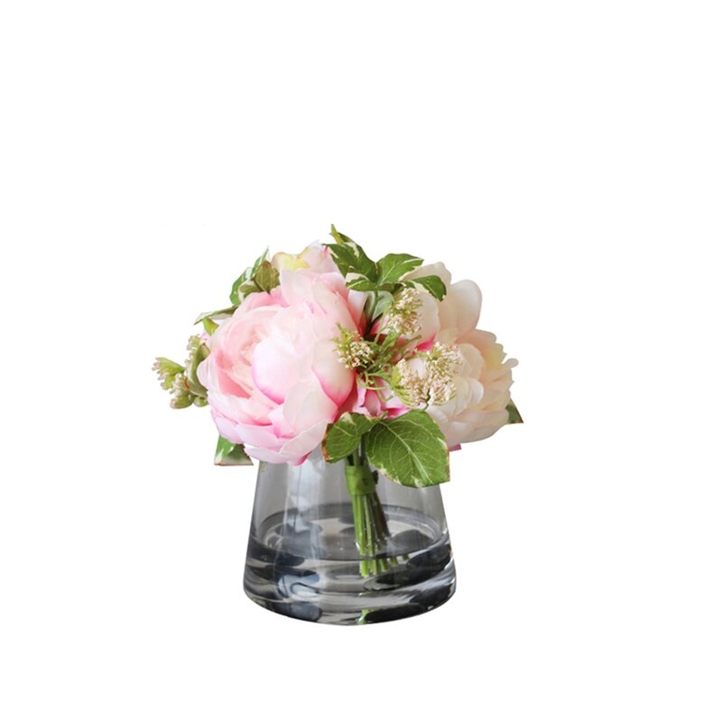 Silk Peonies Floral Arrangement in Glass Vase - Image 0