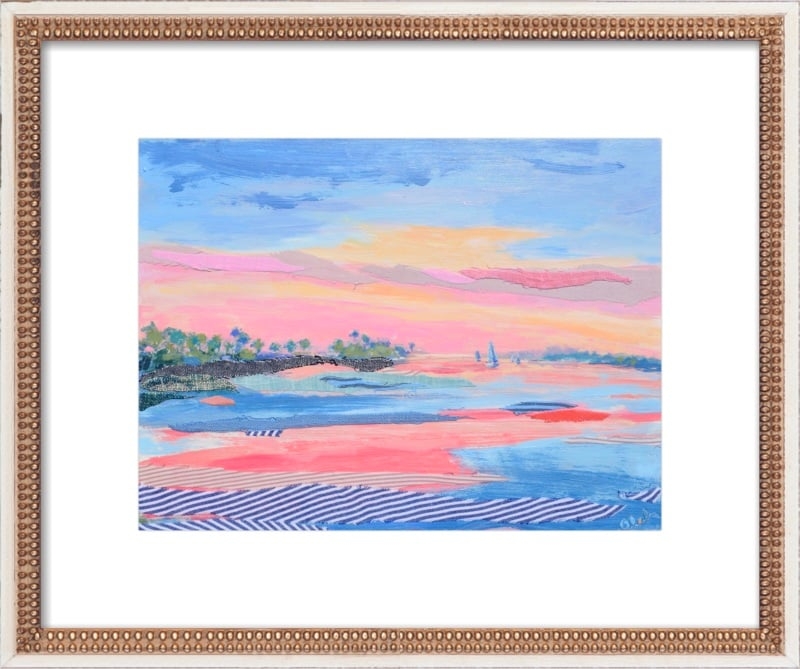 Sunset Stripes 7 by Karin Olah for Artfully Walls  16 x 20 - Framed:  Distressed Cream Double Bead Wood, frame width 1.25", depth 1.69" - Image 0
