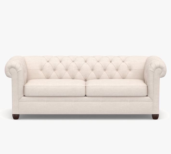 Chesterfield Roll Arm Upholstered Queen Sleeper Sofa, Memory Foam Cushions, Performance Boucle Oatmeal - Image 0