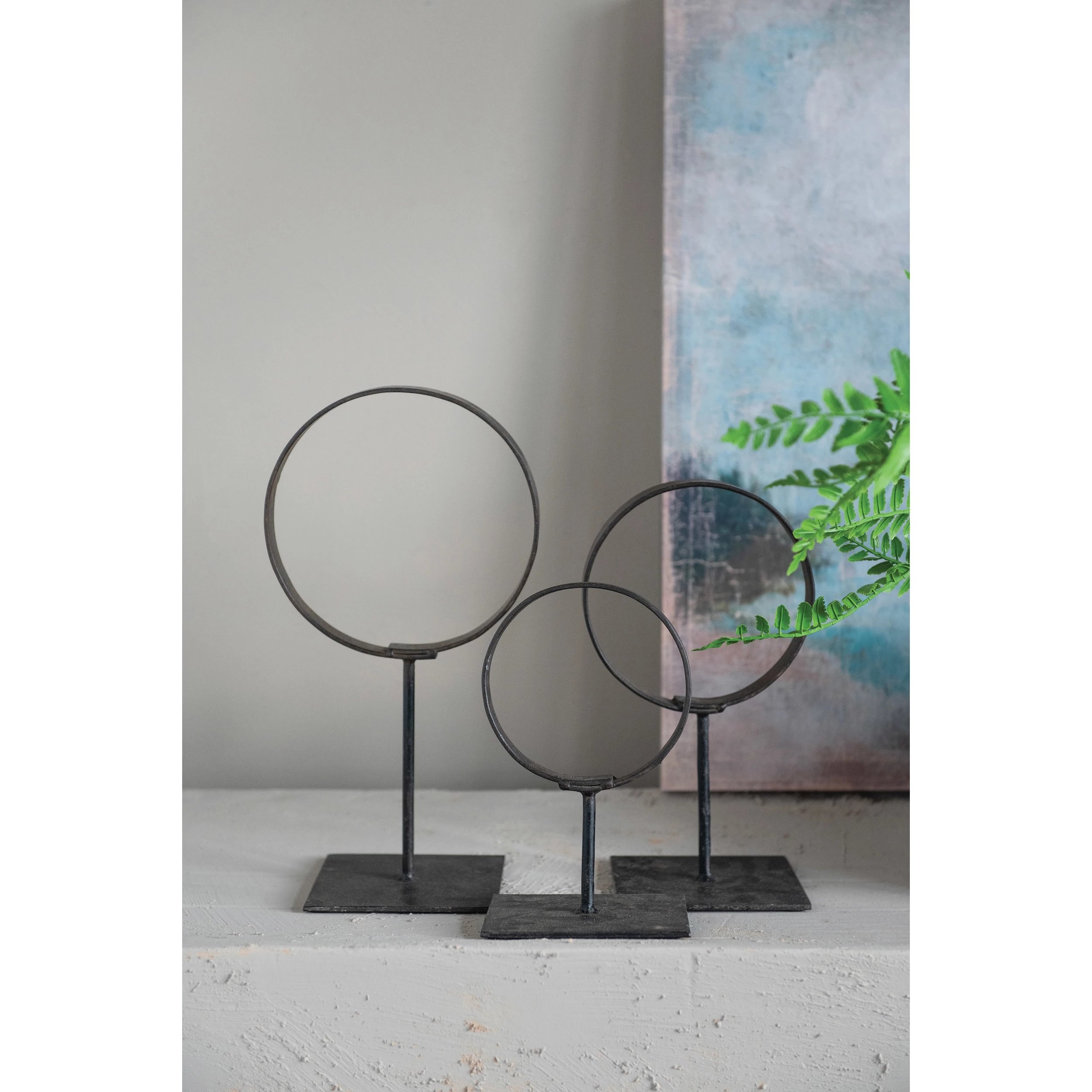 Decorative Modern Found Metal Rings on Stands, Set of 3 - Image 1