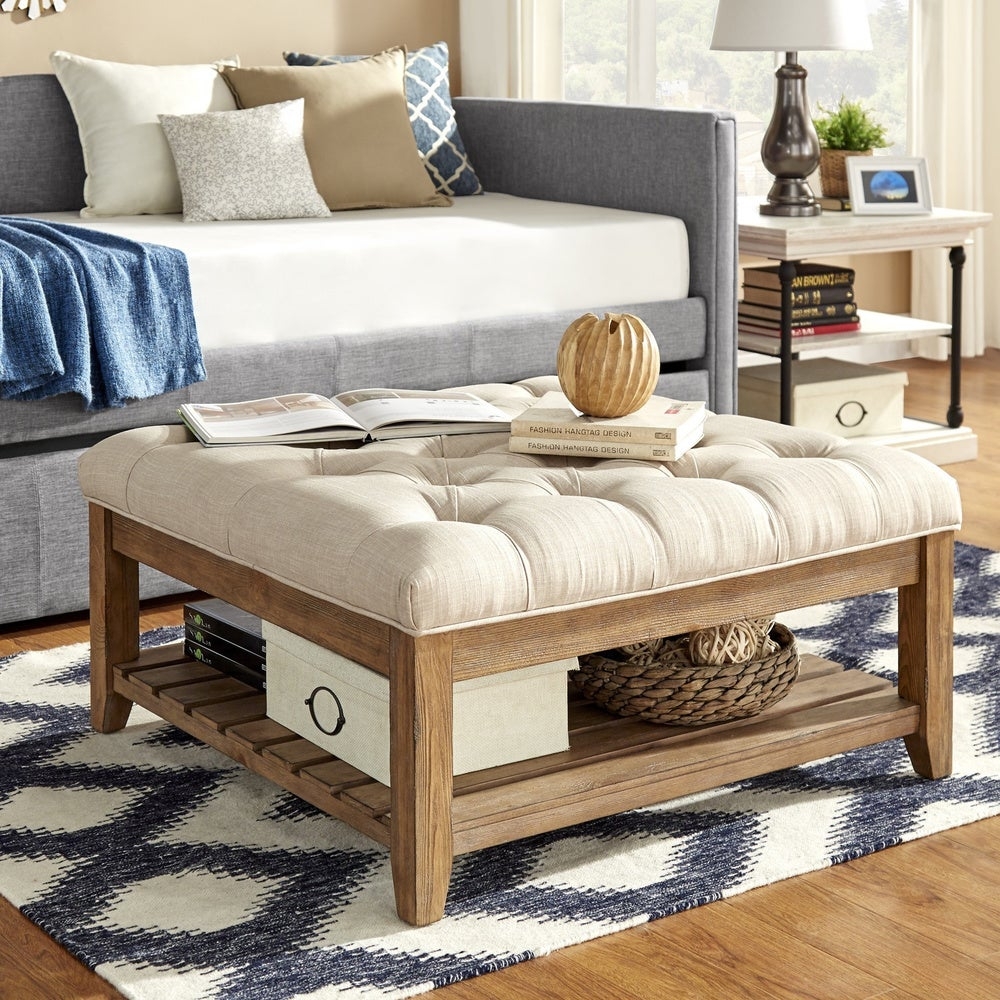 Lennon Pine Planked Storage Ottoman Coffee Table by iNSPIRE Q Artisan - [Beige Linen] - Dimpled Tufts - Image 1