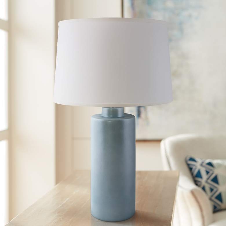 RiverCeramic Cylinder Smoke Blue Pearl Table Lamp - Image 1