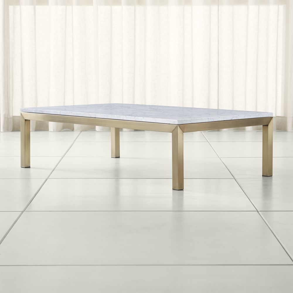 Parsons White Marble Top/ Brass Base 60x36 Large Rectangular Coffee Table - Image 0