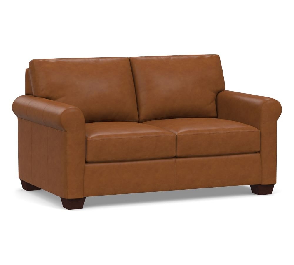 York Roll Arm Leather Loveseat 75", Polyester Wrapped Cushions, Signature Maple - Image 0