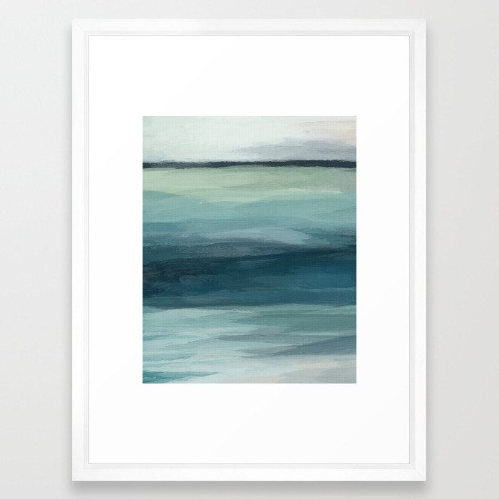 Seafoam Green Mint Navy Blue Abstract Ocean Art Painting Framed Art Print- Medium Vector White 20" x 26" - Image 0