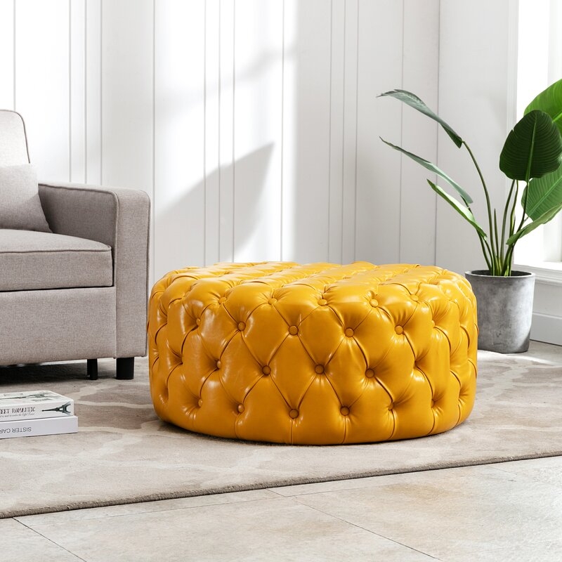 Burmeister 35.4'' Wide Faux Leather Tufted Round Cocktail Ottoman - Image 0