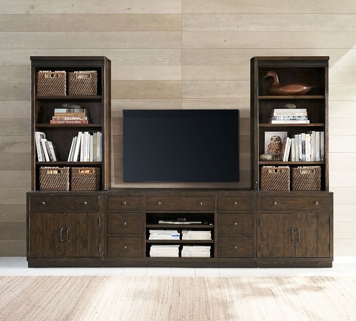 Kenwood Entertainment Center With Open Towers (1 Media Console, 2 Cabinets, 2 Hutches), Caramel Pine - Image 0