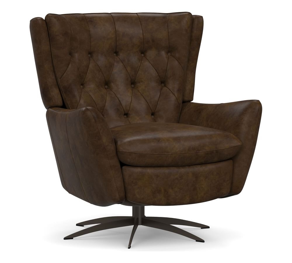 Wells Leather Swivel Recliner with Bronze Base, Polyester Wrapped Cushions Vintage Cocoa - Image 0