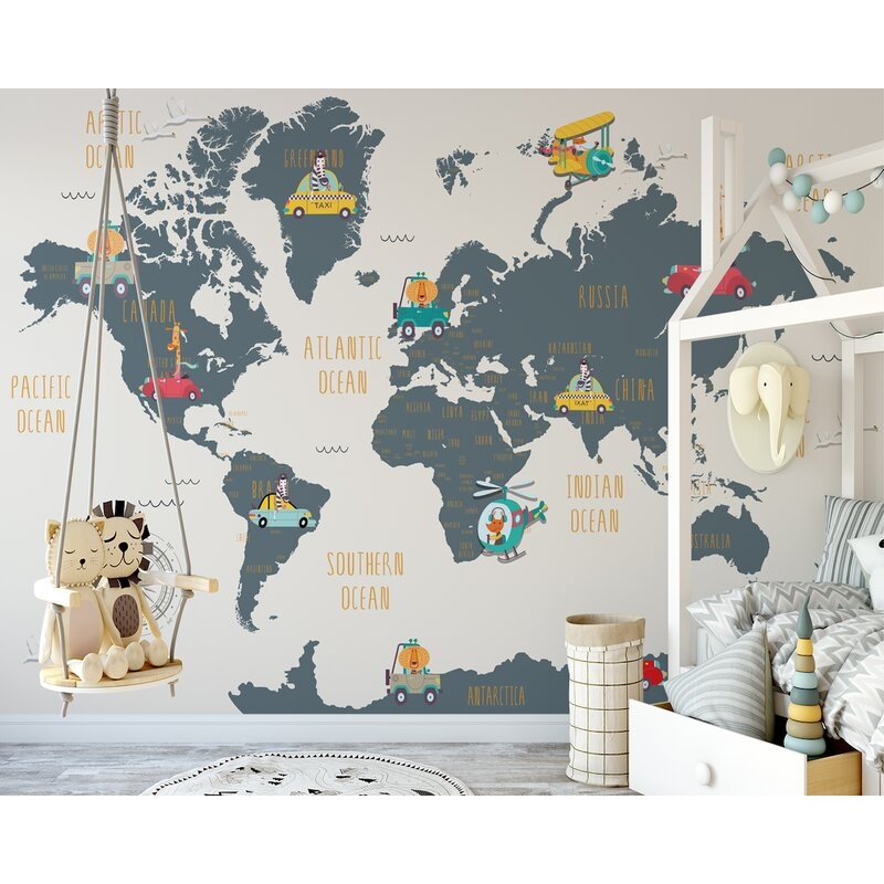 Twyla World Map and Cartoon Animals Textile Texture Wall Mural - Image 0
