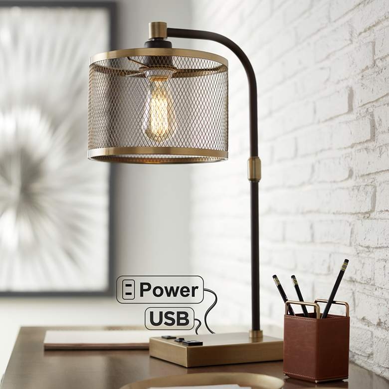 Brody Antique Brass Desk Lamp with USB and Outlet - Image 2