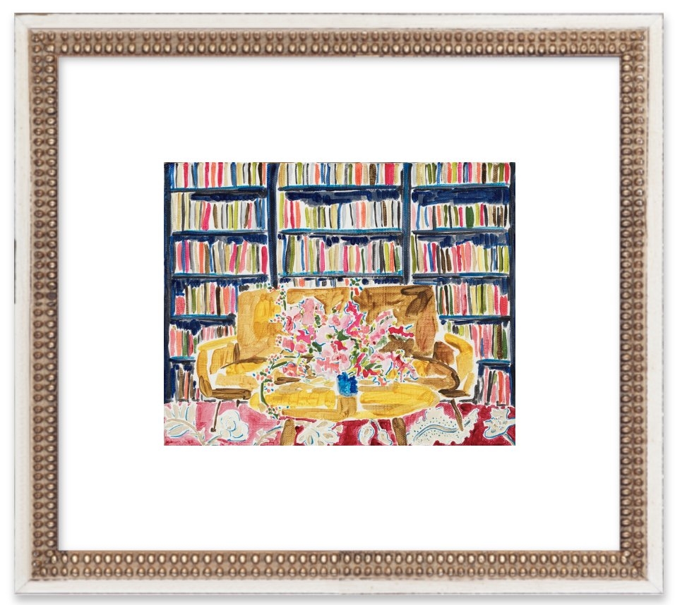 Library with Flowers, framed art print, with mat - Image 0