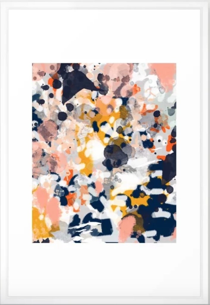 Stella - Abstract painting in modern fresh colors navy, orange, pink, cream, white, and gold Framed Art Print - Image 0