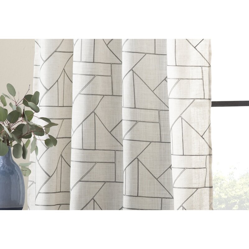 Embroidered Linen Geometric Semi-Sheer Rod Pocket Single Curtain Panel - Image 2