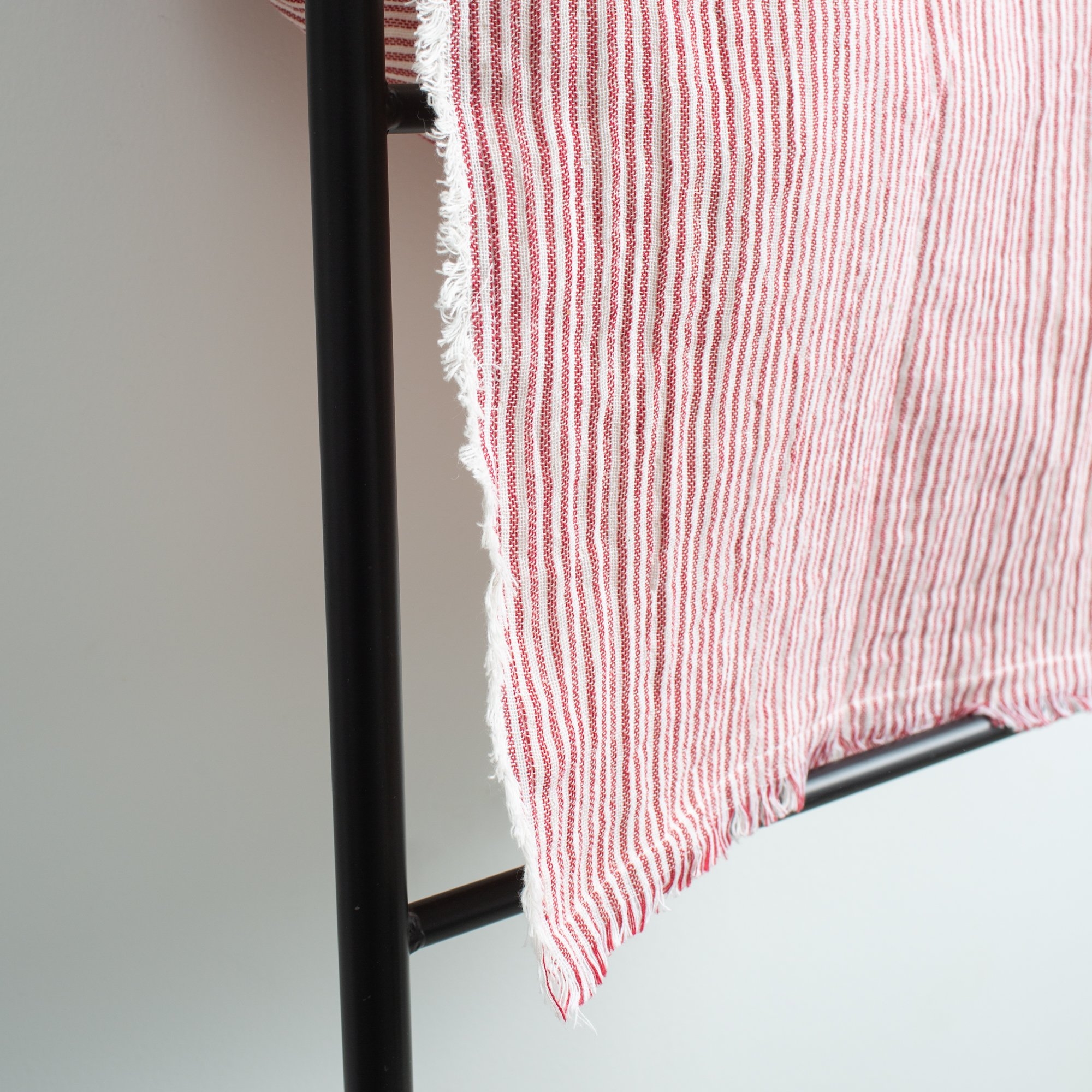 Brushed Cotton Table Runner with Stripes & Fringe, Red & White - Image 3