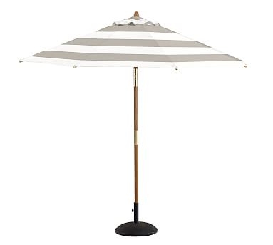 9' Teak Round Umbrella - Premium, Sunbrella(R) Awning Stripe, Gray - Image 1