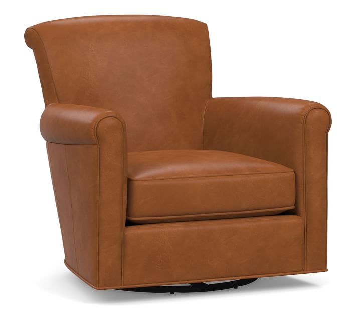 Irving Roll Arm Leather Swivel Armchair, Polyester Wrapped Cushions, Vintage Caramel - Image 0
