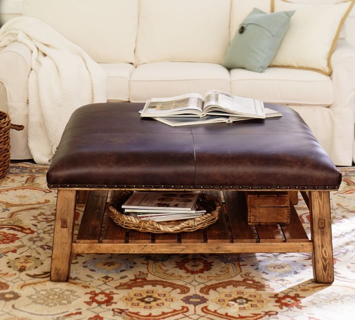 Caden Square Ottoman, Brown Leather - Image 3