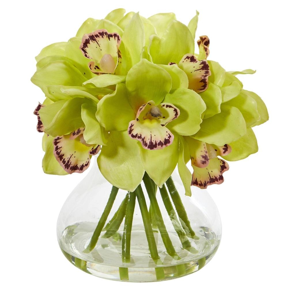 Cymbidium Orchid Artificial Arrangement in Glass Vase - Image 0