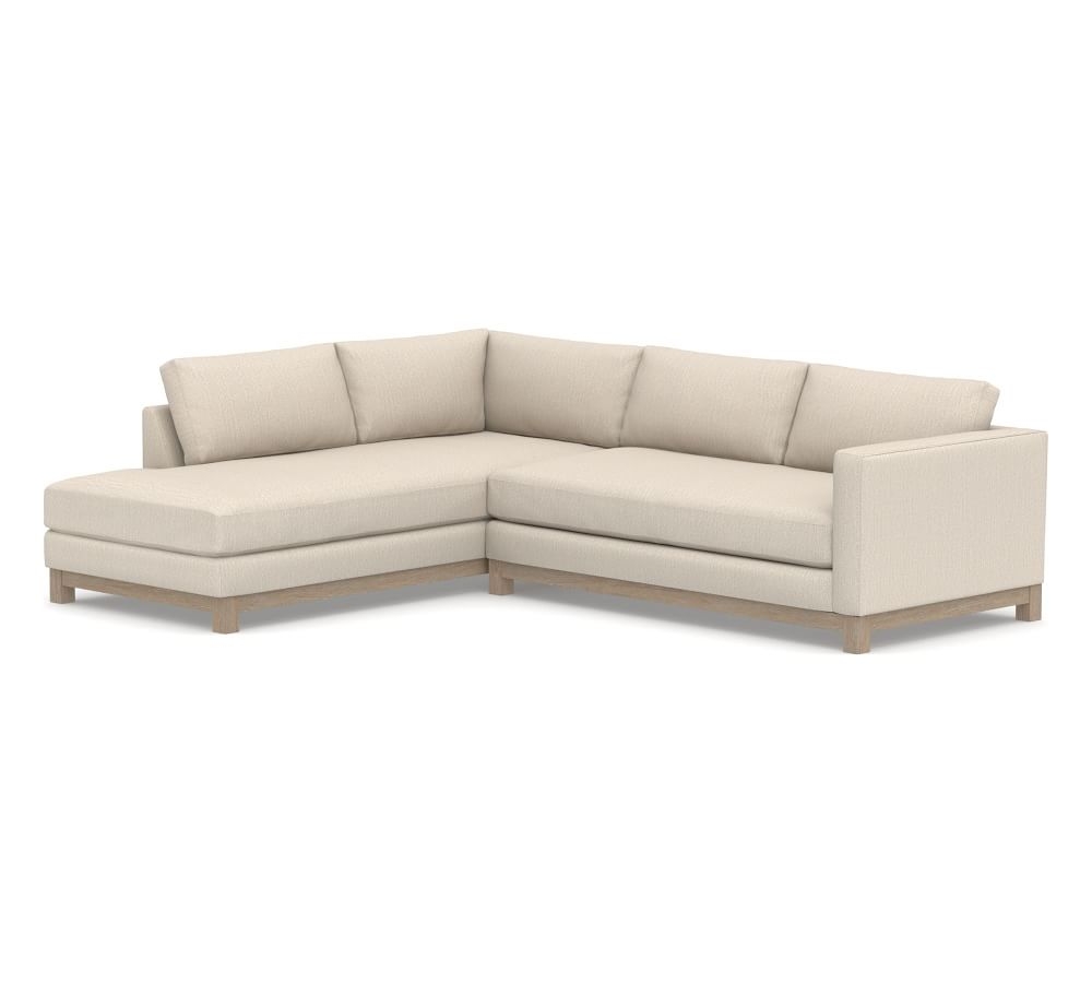 Jake Upholstered RT SFA RTN BMPR Sectional 2x1, Bench Cushion, with Wood Legs, Polyester Wrapped Cushions, Sunbrella(R) Performance Herringbone Oatmeal - Image 0