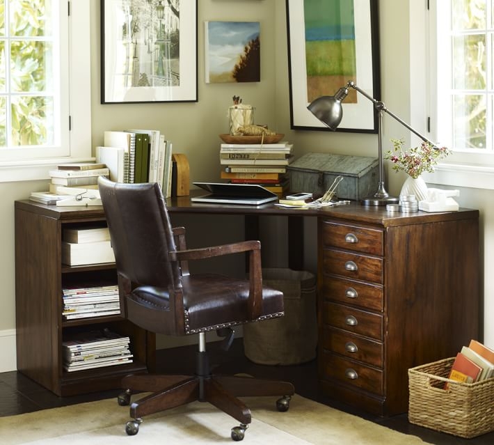 Printer's Corner Desk (1 File Cabinet, 1 Bookcase Ped, 1 Corner Desktop With Legs), Tuscan Chestnut - Image 2