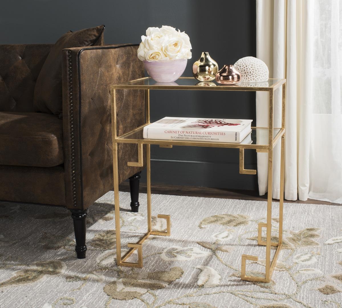Berdine Glass Top Greek Key Side Table - Antique Gold - Safavieh - Image 1