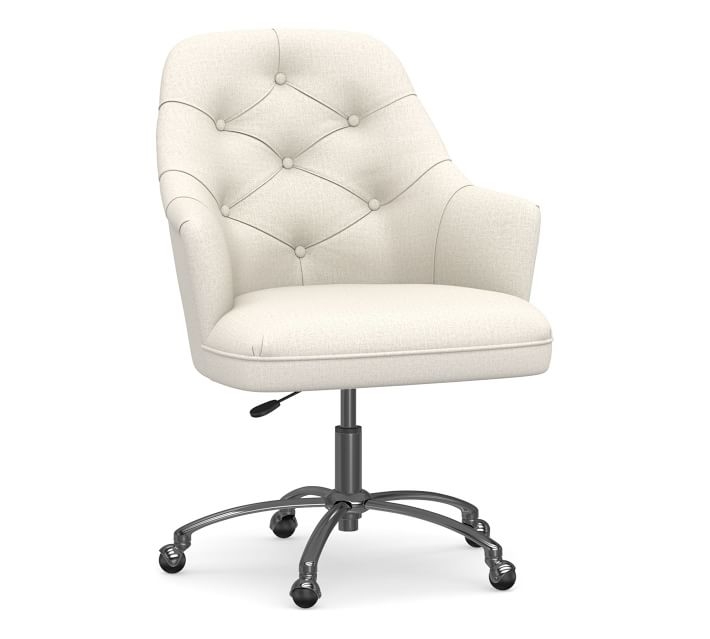 Everett Upholstered Swivel Desk Chair, Brushed Nickel Base, Performance Heathered Tweed Ivory - Image 0